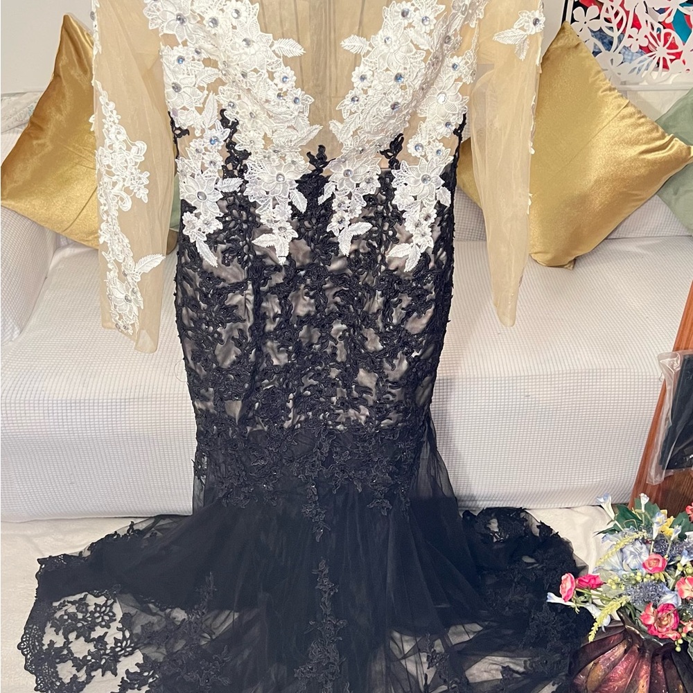 Elegant Black and Cream Lace Gown